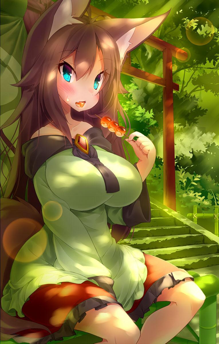 animal_ears bench blue_eyes blush breasts brooch brown_eyes collarbone dango eating food forest highres huge_breasts imaizumi_kagerou jewelry koha long_hair long_sleeves mitarashi_dango nature shirt sitting skirt solo stairs tail torii touhou very_long_hair wagashi wide_sleeves wolf_ears wolf_tail