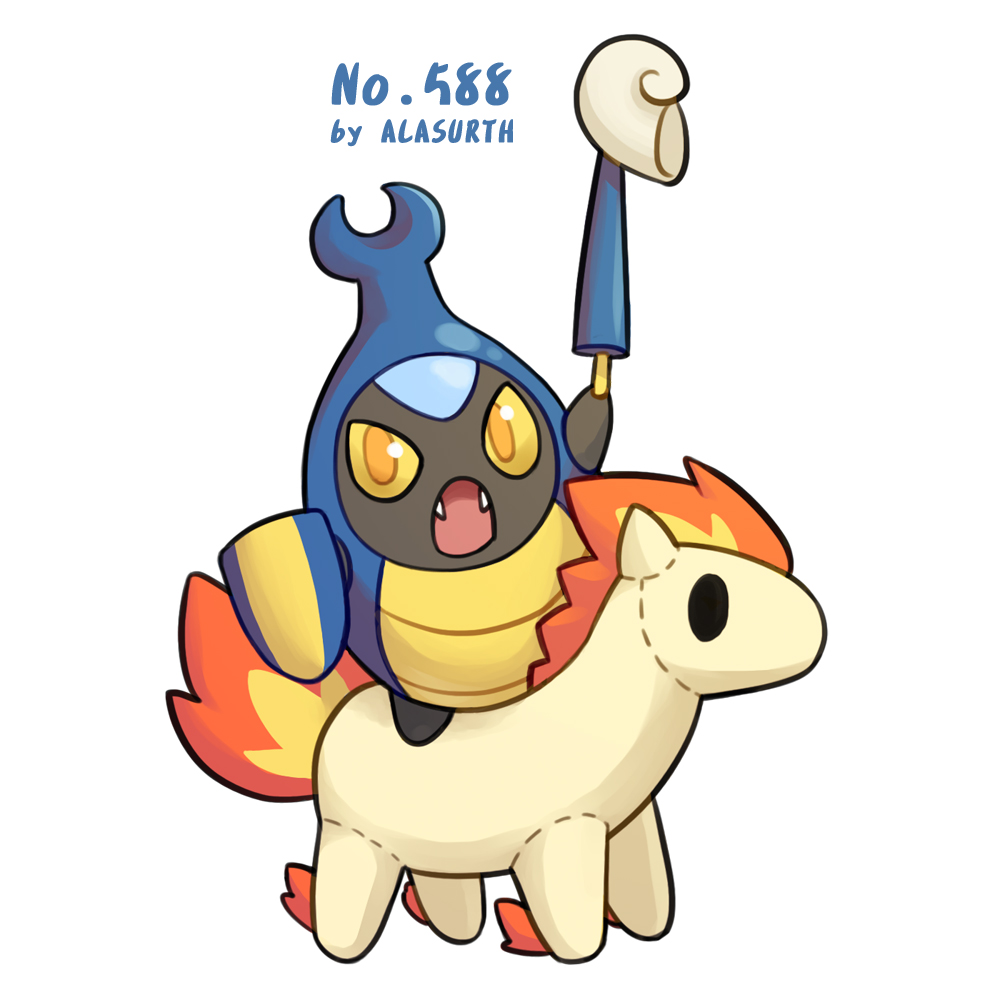 armor artist_request beetle fangs fire gold_eyes horse karrablast lance light_background no_humans open_mouth pokemon polearm ponyta riding seashell shield simple_background solo stuffed_toy toy weapons white_background