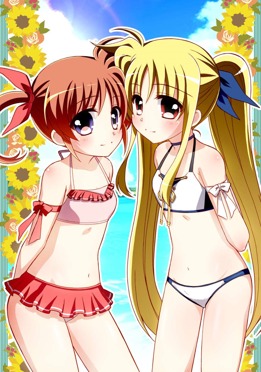 bikini blonde_hair blue_eyes brown_hair fate_testarossa highres kohaku_(kohagura) long_hair lyrical_nanoha multiple_girls red_eyes smile standing swimsuit takamachi_nanoha twintails