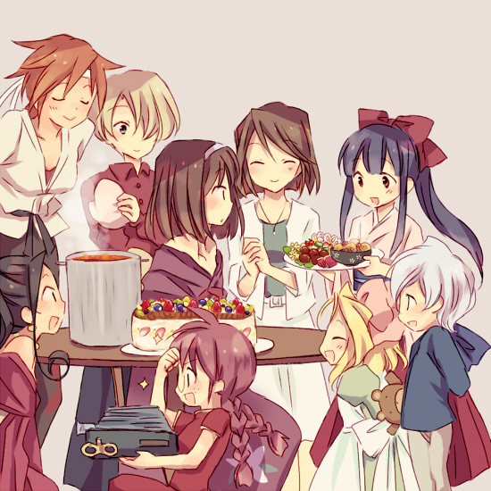^_^ ^o^ antique_camera arms_behind_back black_hair blonde_hair blue_eyes bow braid brown_eyes brown_hair cake camera china_dress chinese_clothes closed_eyes curly_hair dougi dress earrings food freckles fujieda_kaede glasses grey_hair hair_bow hairband hakama holding holding_plate iris_chateaubriand japanese_clothes jean-paul jewelry kanzaki_sumire kimono kirishima_kanna lavender_background leni_milchstrasse looking_at_another looking_to_the_side maria_tachibana meiji_schoolgirl_uniform multiple_girls necklace obi oven_mitts pants pink_bow plate purple_hair red_bow red_dress red_hair red_shirt reverse_trap ri_kouran sakura_taisen sakura_taisen_ii sash shinguuji_sakura shirt short_hair simple_background sitting skirt smudge snack soletta_orihime soup spiked_hair steam strapless strapless_dress stuffed_animal stuffed_toy surprised table teddy_bear twin_braids wato wiping_forehead