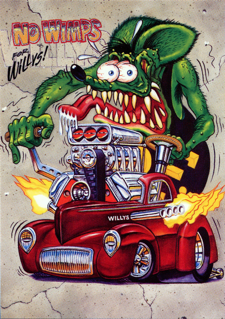 arthropod bulging_eyes butterflies(intake) car clothed clothing ed_'big_daddy'_roth ed_roth fire fly hotrod insect mammal manual_shifter open_mouth rat rat_fink rodent saliva sharp_teeth supercharger sweat teeth text tongue vehicle wheelie_bar willys
