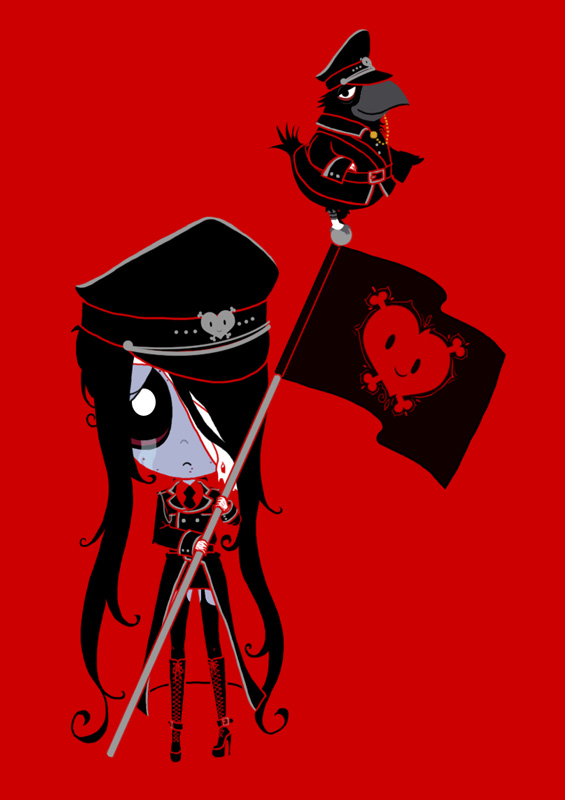 female flag flat_color full_body gothic hat high_heel_boots long_hair military_hat military_uniform misery_(ruby_gloom) red_background ruby_gloom solo tears thighhighs