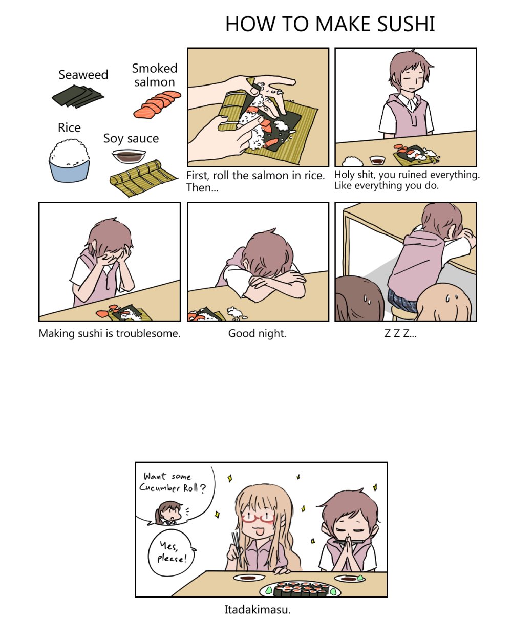 ano_fuji arms_up bowl chopsticks closed_eyes comic commentary crossed_arms dish english fish food from_above from_behind glasses head_down highres how_to_make_sushi leaning_forward left-to-right_manga makisu makizushi meme miyama_nena mukiki multiple_girls okujou_no_yurirei-san open_mouth parody red-framed_eyewear rice school_uniform seaweed short_hair simple_background skirt sleeping smile soy_sauce sparkle sushi sweater_vest table text_focus toomi_yuna upper_body white_background