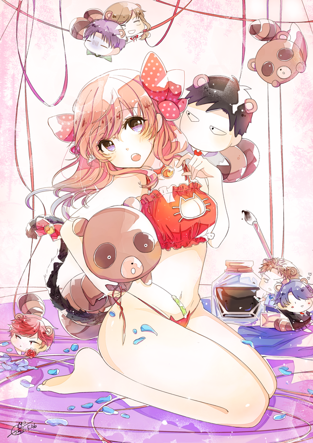 2016 animal_ears bangs bare_legs barefoot bell bell_choker black_hair blue_hair blush blush_stickers bottle bow brown_hair carrying_under_arm cat_cutout cat_ear_panties cat_lingerie cat_tail cat_teaser cattail character_doll choker cleavage_cutout dated emo_(ricemo) eyebrows eyebrows_visible_through_hair flower frills full_body gekkan_shoujo_nozaki-kun hair_bow head_tilt heart hori_masayuki ink_bottle jingle_bell kashima_yuu long_hair looking_at_viewer meme_attire mikoshiba_mikoto navel nozaki_umetarou open_mouth orange_hair paintbrush panties petals plant polka_dot polka_dot_bow purple_eyes purple_hair raccoon_ears raccoon_tail red_bow red_hair red_panties ribbon rose sakura_chiyo seiza seo_yuzuki side-tie_panties signature sitting solo stomach swept_bangs tail tail_bell tail_bow tanuki underwear underwear_only wakamatsu_hirotaka