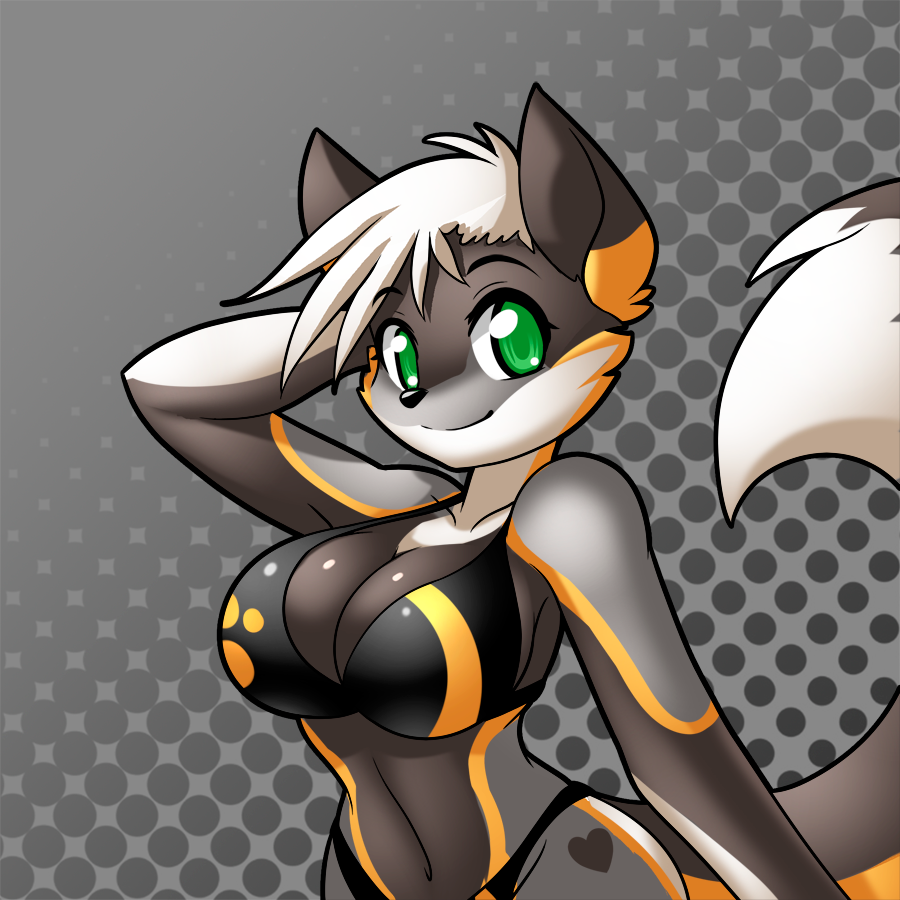 anthro big_breasts breasts cat cleavage clothed clothing feline female green_eyes hair huge_breasts katie_(echodiver) mammal nekonny short_hair smile solo white_hair wide_hips