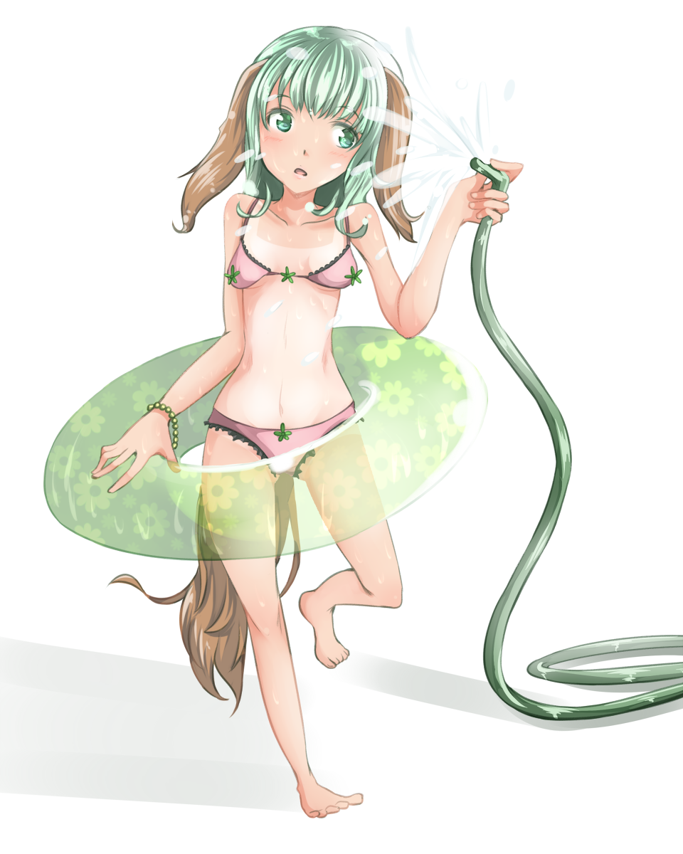 animal_ears bad_id bad_pixiv_id bikini bracelet breasts dog_ears dog_tail green_eyes green_hair highres hose innertube jewelry kasodani_kyouko pink_bikini shuga_(soranote) small_breasts solo swimsuit tail touhou