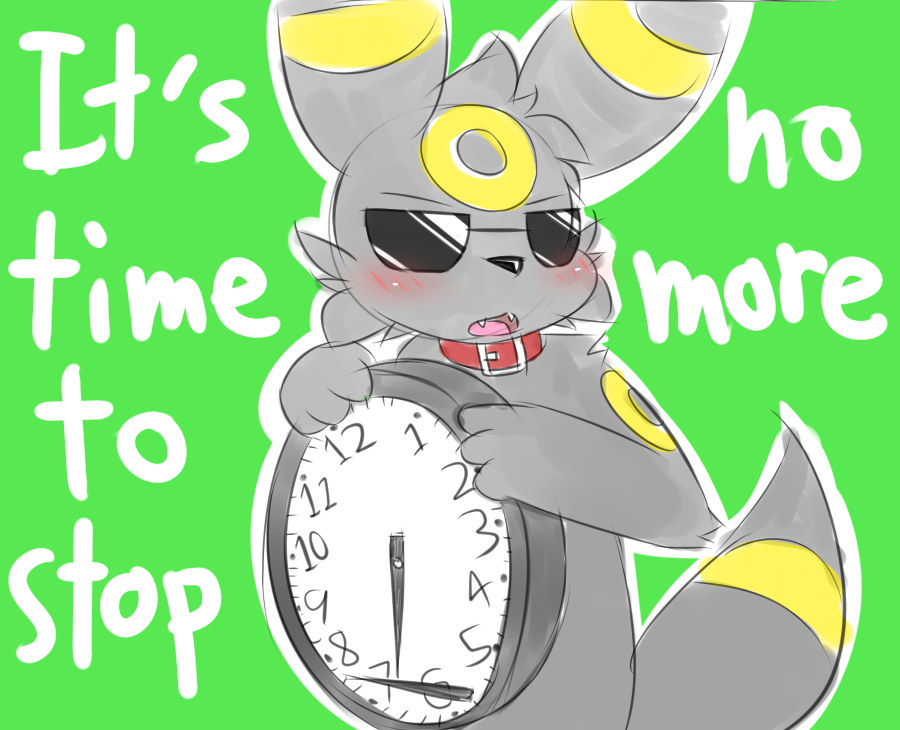 blush clock collar eeveelution eyewear humor keron male meme nintendo open_mouth pok&eacute;mon pvt._keron reaction_image simple_background solo sunglasses text umbreon video_games