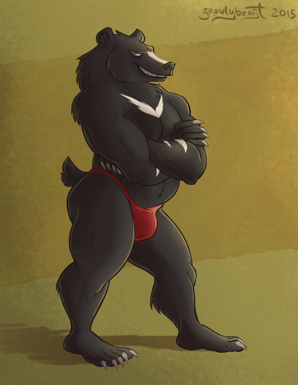 anthro bear bulge clothing crossed_arms fangs growlybeast half-closed_eyes looking_at_viewer male mammal mostly_nude muscular navel simple_background smile solo teeth underwear