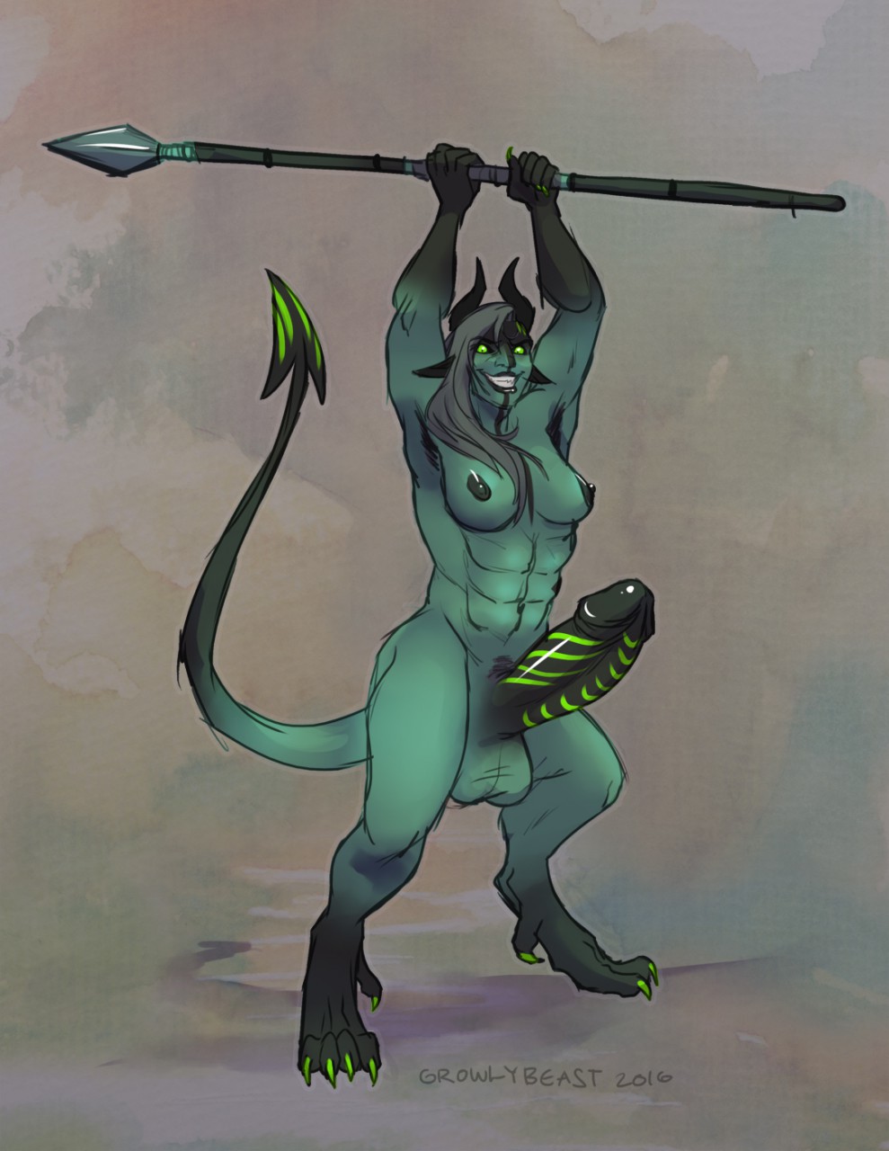 abs anthro areola balls breasts demon dickgirl erection growlybeast huge_penis humanoid_penis intersex looking_at_viewer melee_weapon navel nipples penis polearm simple_background smile solo spear striped_penis teeth weapon