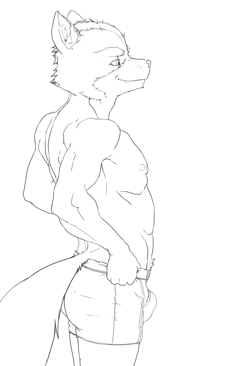 athletic black_and_white boxer_briefs bulge canine clothed clothing ducati fox fox_mccloud hands_on_hips hi_res line_art male mammal monochrome nintendo nipples pecs pinup pose side_view smile solo standing star_fox tight_clothing topless underwear video_games