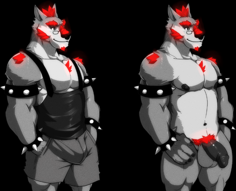 2016 anthro balls beard biceps big_muscles bulge canine clothed clothing cursedmarked dynewulf eyewear facial_hair flaccid fur glasses glowing hair humanoid_penis male mammal muscular muscular_male nipples nude pants pecs penis red_fur shirt smile solo spiked_bracelet video_games