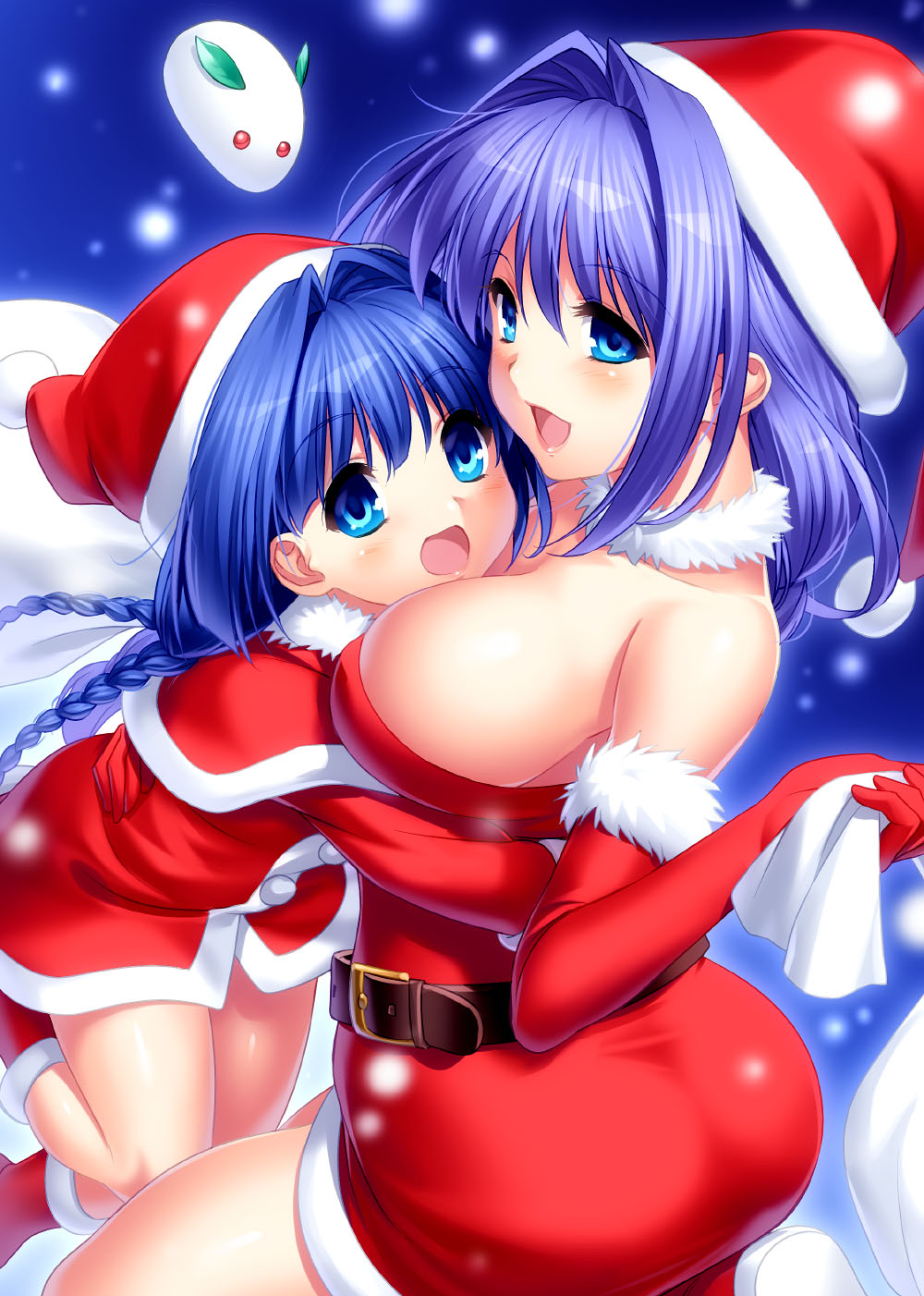 2girls bare_shoulders belt blue_eyes blue_hair boots braid breasts capelet commentary_request cowboy_shot dress elbow_gloves fur-trimmed_boots fur-trimmed_dress fur-trimmed_gloves fur_trim gloves hair_intakes hat highres kanon large_breasts long_hair minase_akiko minase_nayuki mother_and_daughter multiple_girls off-shoulder_dress off_shoulder red_dress red_footwear red_gloves santa_costume santa_hat snow snow_bunny twin_braids zen