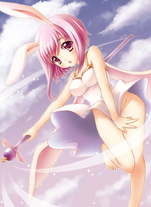 :o angel_wings animal_ears barefoot blush breasts bunny_ears cleavage cloud cross dress dress_tug kichijou_agata medium_breasts no_panties open_mouth original pink_eyes pink_hair shirt sky solo staff star taut_clothes taut_shirt wings