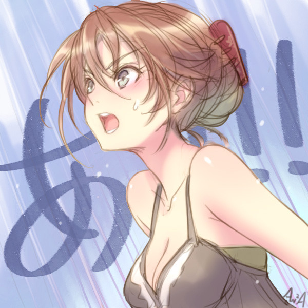a an2a bare_shoulders blue_eyes breasts brown_hair cleavage medium_breasts original solo sweatdrop tank_top