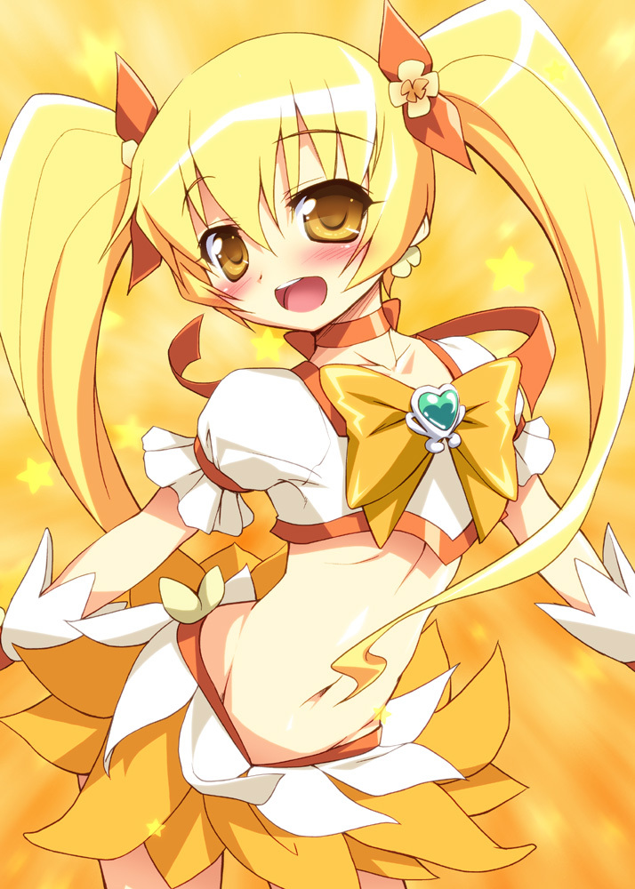 blonde_hair blush bow choker cure_sunshine hair_ribbon heart heartcatch_precure! long_hair magical_girl midriff myoudouin_itsuki navel open_mouth orange_bow orange_choker orange_skirt precure ribbon skirt solo star tachibana_surimu twintails wrist_cuffs yellow yellow_background yellow_bow yellow_eyes