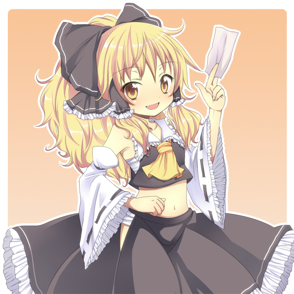:d alternate_color armpits bangs bare_shoulders blonde_hair blush bow breasts cosplay crop_top detached_sleeves fang frills gradient gradient_background hair_bow hair_tubes hakurei_reimu hakurei_reimu_(cosplay) hip_vent holding japanese_clothes kirisame_marisa long_hair looking_at_viewer midriff miko navel neckerchief nontraditional_miko ofuda open_mouth orange_background outline ponytail sakeko sarashi sidelocks skirt small_breasts smile solo touhou wavy_hair white_sleeves wide_sleeves yellow_eyes