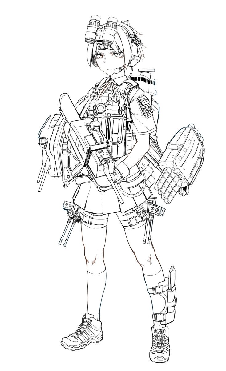 ammunition_pouch bike_shorts body_armor cannon combat_knife didloaded eotech gloves greyscale gun headset highres kantai_collection knife laser_sight lineart molle_vest monochrome neck_ribbon night_vision_device plate_carrier pleated_skirt ponytail pouch ribbon rigging sheath shiranui_(kantai_collection) sketch skirt sling solo strap torpedo turret weapon