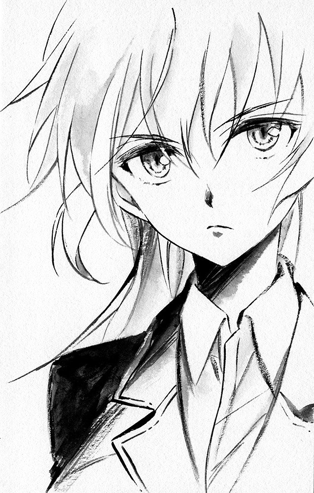 agahari charlotte_e_yeager female jacket long_hair monochrome portrait solo stare strike_witches traditional_media white_background