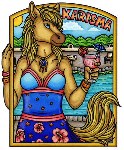 2010 5_fingers alcohol anthro beverage blue_eyes blue_sky bracelet breasts brown_fur brown_hair cleavage clothed clothing cloud cocktail day detailed_background dress equine female food front_view fur hair holding_glass holding_object horse jewelry kalika-tybera mammal necklace outside signature sky smile solo sun swimming_pool