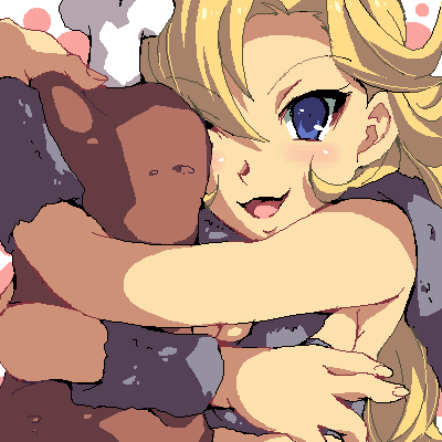 armpits ayla_(chrono_trigger) bandeau blonde_hair blue_eyes blush boned_meat breasts caveman chrono_trigger curly_hair enoo food fur_trim long_hair lowres meat medium_breasts object_hug oekaki open_mouth simple_background smile solo tsurime white_background wrist_cuffs