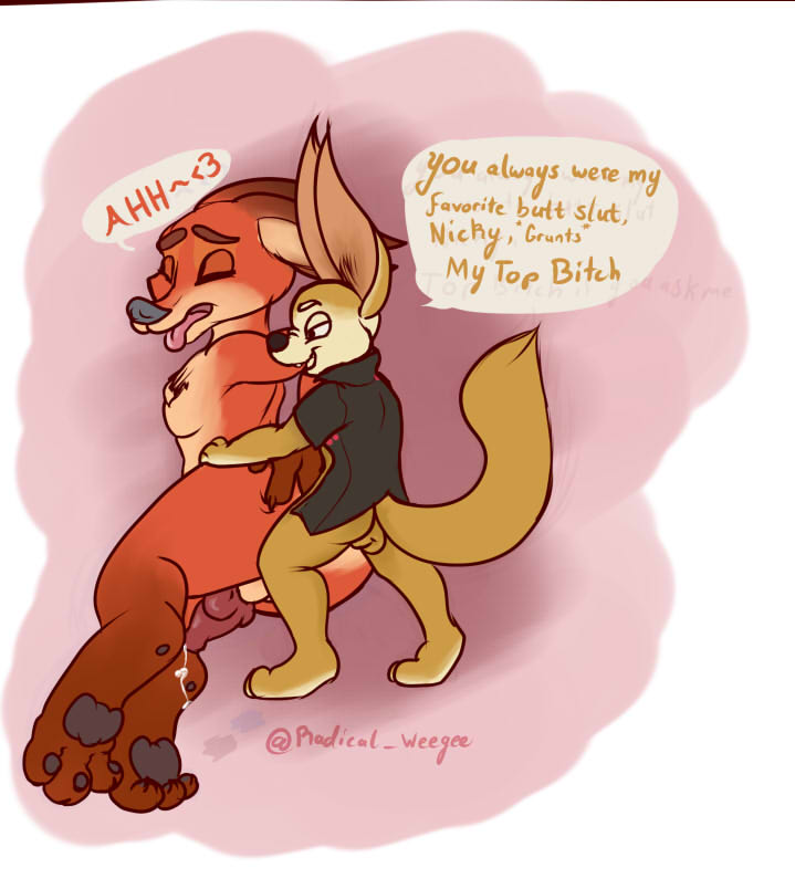 &lt;3 animal_genitals black_nose digital_media_(artwork) disney fennic_fox knotting male male/male nick_wilde radicalweegee sex size_difference small_dom_big_sub wide_hips zootopia