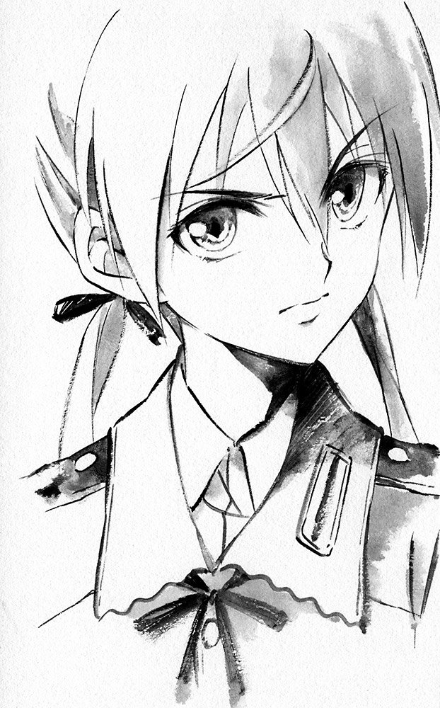 agahari female frown gertrud_barkhorn jacket military_uniform monochrome portrait serious solo stare strike_witches traditional_media twintails white_background