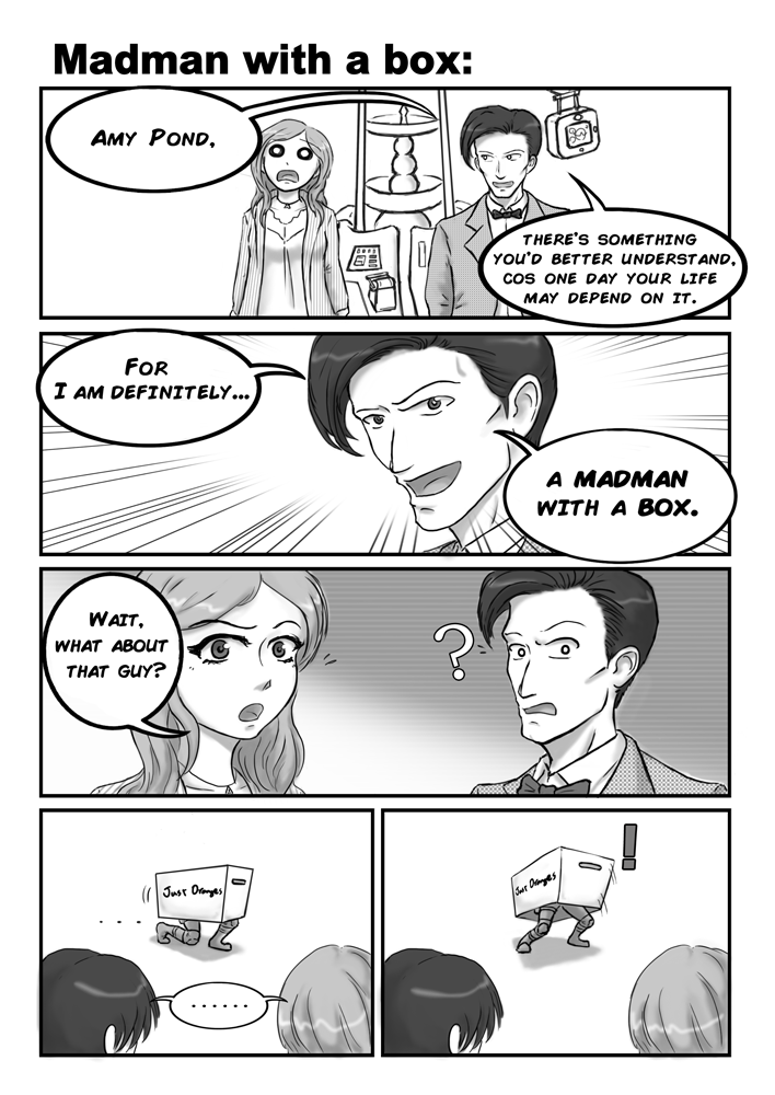 1girl amy_pond bowtie cardboard_box comic crossover doctor_who eleventh_doctor english metal_gear_solid monochrome pajamas