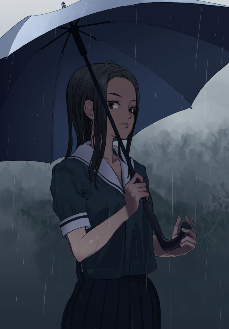 blouse cowboy_shot hoshi_kubi long_hair original outdoors pleated_skirt rain school_uniform serafuku skirt solo umbrella wet wet_clothes wet_hair