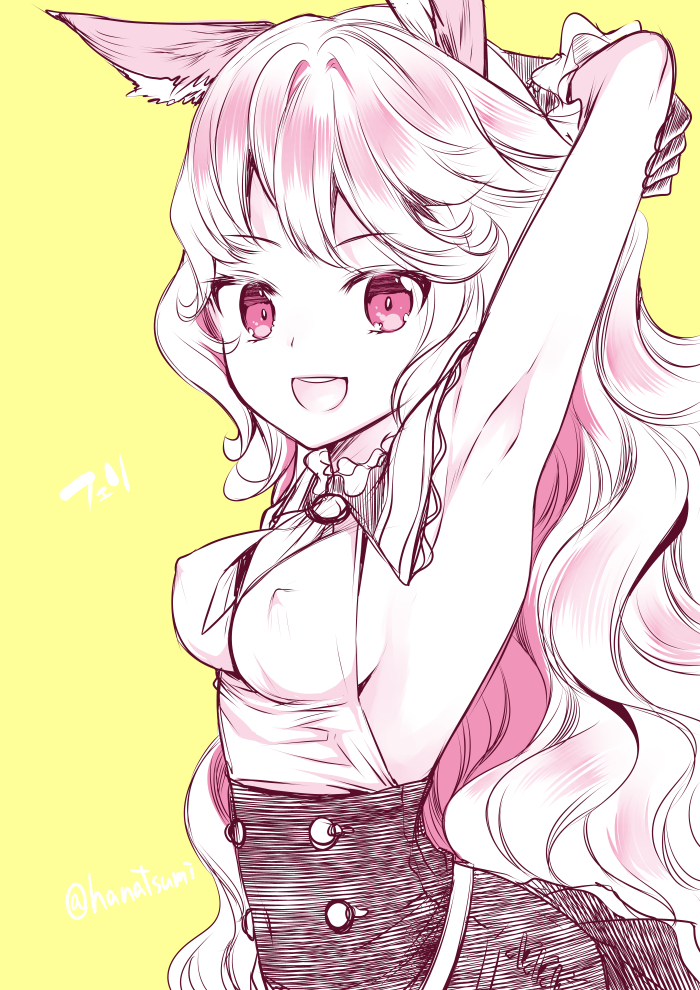 :d animal_ears armpits bare_shoulders blush breasts covered_nipples erune ferry_(granblue_fantasy) granblue_fantasy long_hair looking_at_viewer monochrome open_mouth pink round_teeth sakura_hanatsumi sideboob simple_background sleeveless small_breasts smile solo teeth wavy_hair yellow_background