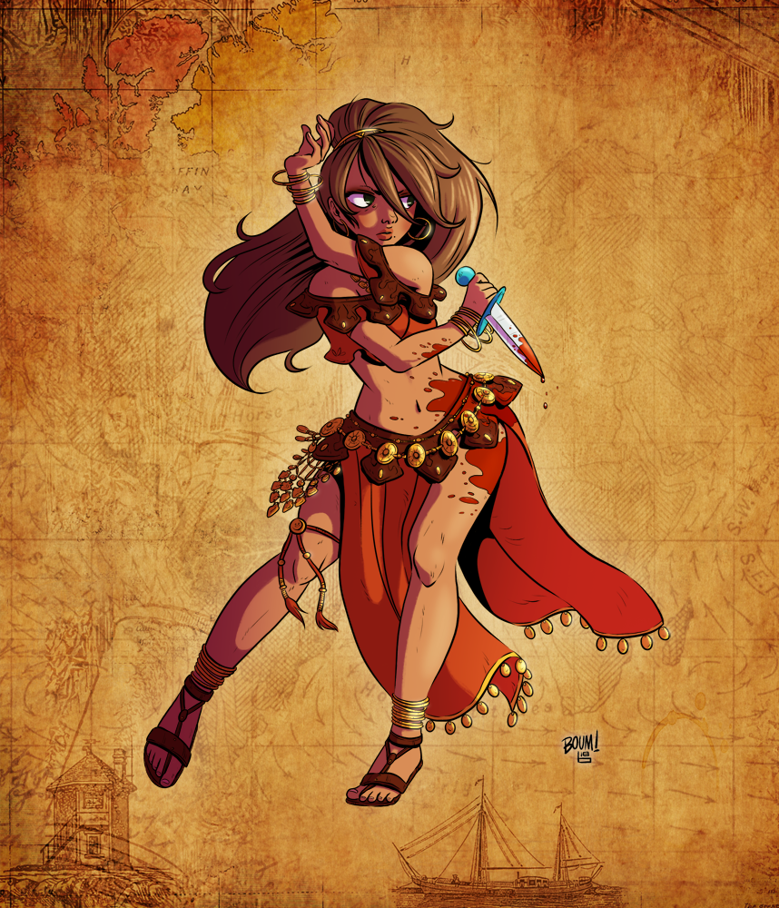 1girl anklet artist_name bare_arms bare_legs belt blood blood_stain bloody_weapon boumdraws bracelet brown_footwear brown_hair dagger determined earrings english_text fighting_stance green_eyes hair_between_eyes jewelry knife long_hair looking_to_the_side map map_background midriff octopath_traveler ponytail primrose_azelhart reverse_grip sandals stomach tiara toenails weapon