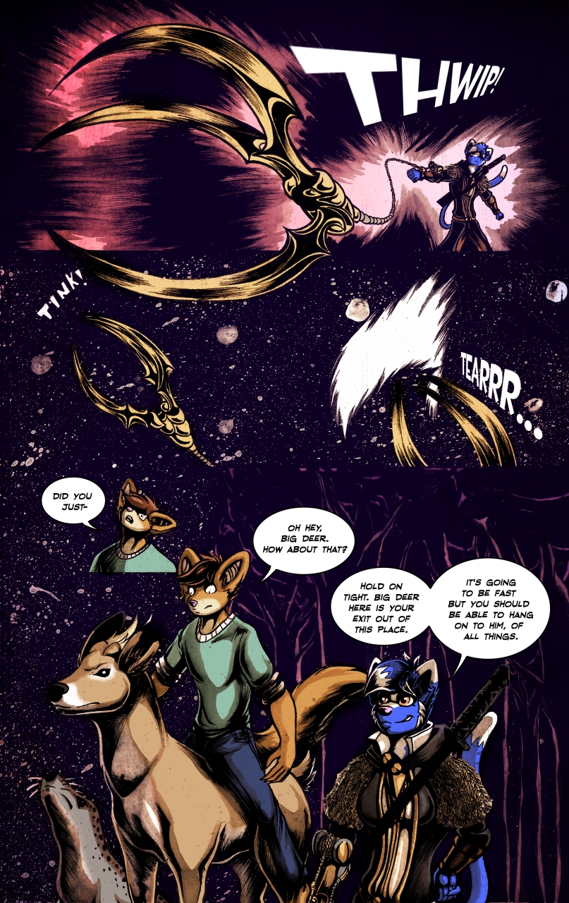 anthro blue_fur blue_hair boneitis brown_fur brown_hair cervine clohted clothing comic deer duo ear_piercing english_text female feral fur hair leon_henderson male mammal marine multicolored_fur orange_eyes piercing pinniped seal sei speech_bubble text