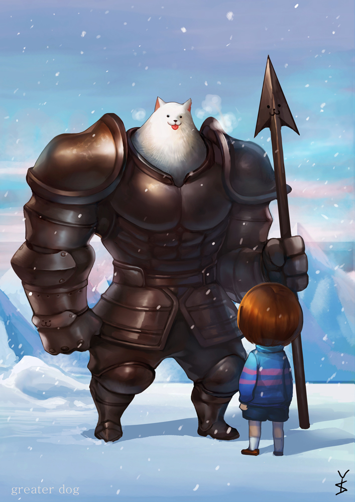 androgynous armor brown_footwear brown_hair character_name dog frisk_(undertale) gd_choco greater_dog height_difference polearm shirt shoes short_hair shorts signature snow snowing socks spear striped striped_sweater sweater tongue tongue_out undertale weapon