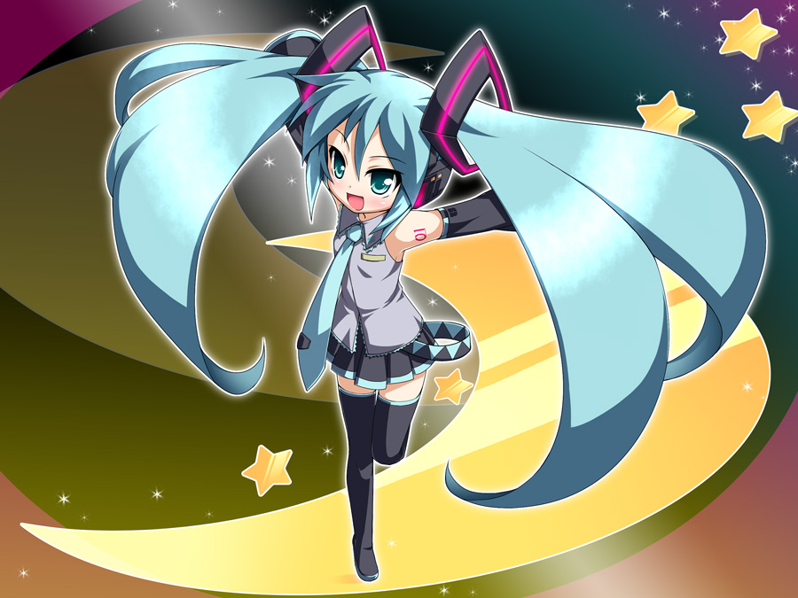 aqua_eyes aqua_hair bangs bare_shoulders black_footwear black_skirt boots detached_sleeves eyebrows eyebrows_visible_through_hair full_body hair_between_eyes hatsune_miku katami_shinta leg_up long_hair looking_at_viewer necktie open_mouth outstretched_arms skirt solo sparkle star thigh_boots thighhighs twintails very_long_hair vocaloid wide_sleeves