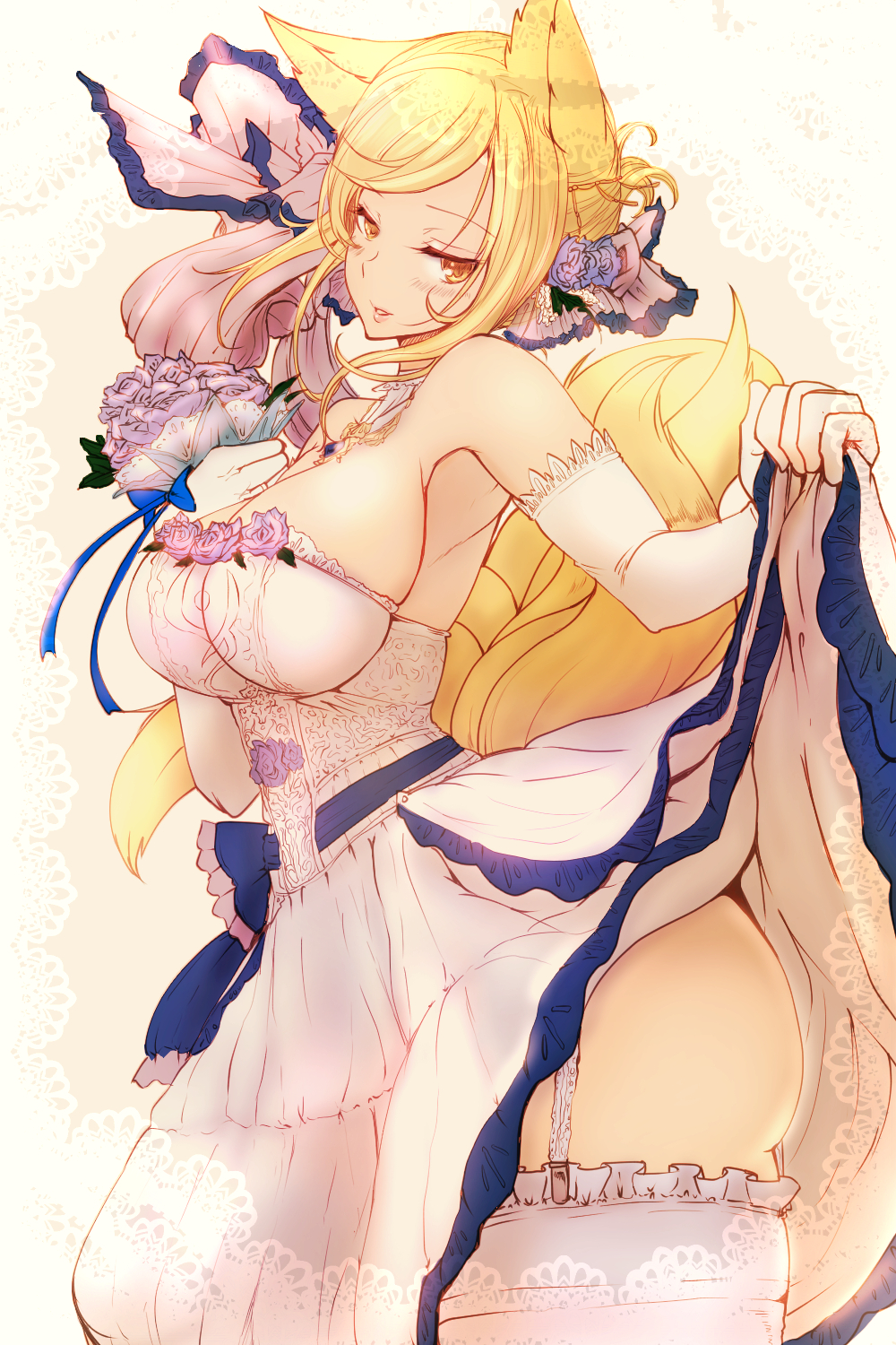 alternate_costume animal_ears ass bare_shoulders blonde_hair bouquet breasts bride cowboy_shot dearmybrothers dress dress_lift elbow_gloves flower fox_ears fox_tail garter_straps gloves hair_flower hair_ornament hair_ribbon highres large_breasts looking_at_viewer multiple_tails ribbon solo tail thighhighs thighs touhou wedding_dress white_dress white_gloves white_legwear yakumo_ran yellow_eyes