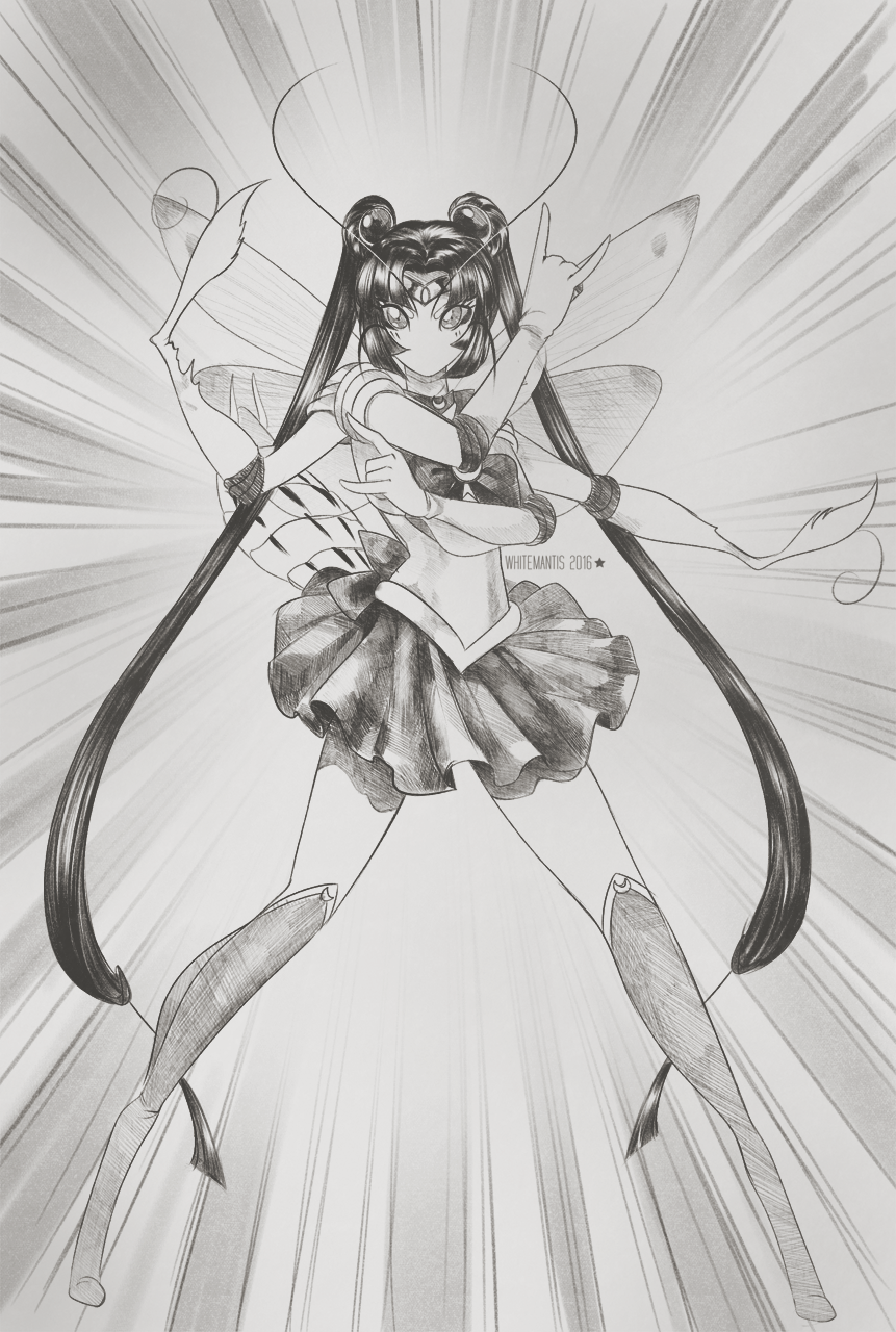 bishoujo_senshi_sailor_moon black_hair blade_under_mask boots bow cosplay elbow_gloves female full_body insect_girl monochrome nae_(blade_under_mask) ribbon sailor_moon sailor_moon_(cosplay) skirt solo twintails whitemantis