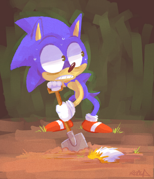 2013 anthro big_eyes canine corpse death digging duo fox hiding_the_evidence holding_object male mammal miles_prower outside shovel signature solo_focus sonic_(series) sonic_the_hedgehog sweat vaporotem worried