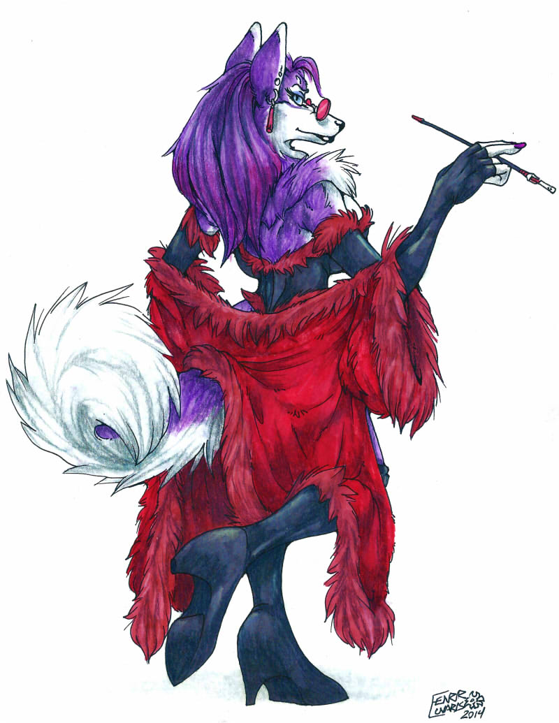 2014 anthro armwear big_breasts black_nose blue_eyes breasts canine clothed clothing coat corset dog ear_piercing eyewear female fenrir_lunaris fur glasses hair high_heels huge_breasts husky long_hair looking_at_viewer looking_back mamahusky mammal piercing purple_fur purple_hair rear_view side_boob simple_background smoke_pipe solo traditional_media_(artwork) white_background white_fur
