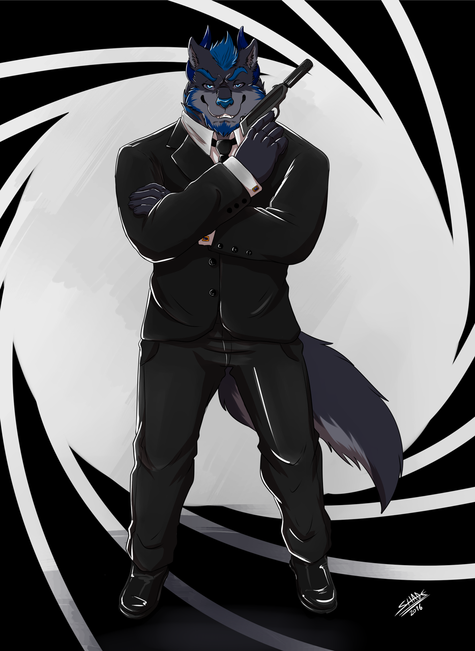 007 2016 abs anthro canine clothed clothing demon fur gun hair handgun hi_res horn looking_at_viewer male mammal muscular ranged_weapon shade_the_wolf simple_background smile solo spy standing weapon wolf