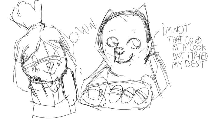 animal_crossing better_version_at_source canine dialogue dog duo english_text isabelle_(animal_crossing) mammal misaginus nintendo shih_tzu simple_background sketch text video_games white_background