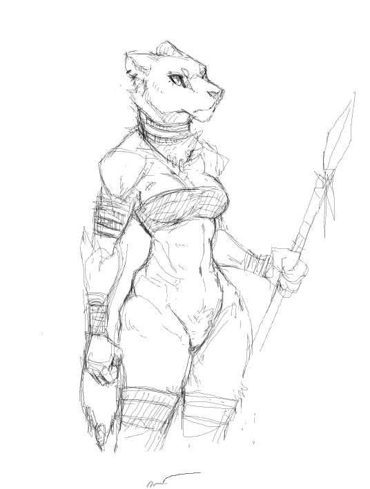 anthro arm_wraps bottomless breasts chest_tuft chest_wraps clothed clothing ear_piercing feline female guoh lion mammal melee_weapon muscular muscular_female navel piercing polearm pubes sketch solo spear standing tuft weapon wraps
