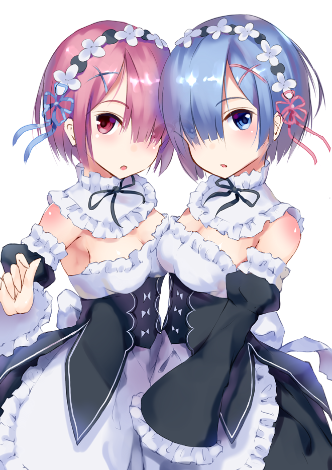 apron bare_shoulders blue_eyes blue_hair cowboy_shot detached_collar detached_sleeves hair_over_one_eye hair_ribbon hairband henet_hene juliet_sleeves long_sleeves looking_at_viewer maid multiple_girls open_mouth pink_eyes pink_hair puffy_sleeves ram_(re:zero) re:zero_kara_hajimeru_isekai_seikatsu rem_(re:zero) ribbon shirt short_hair siblings sisters skirt tailcoat twins waist_apron wide_sleeves