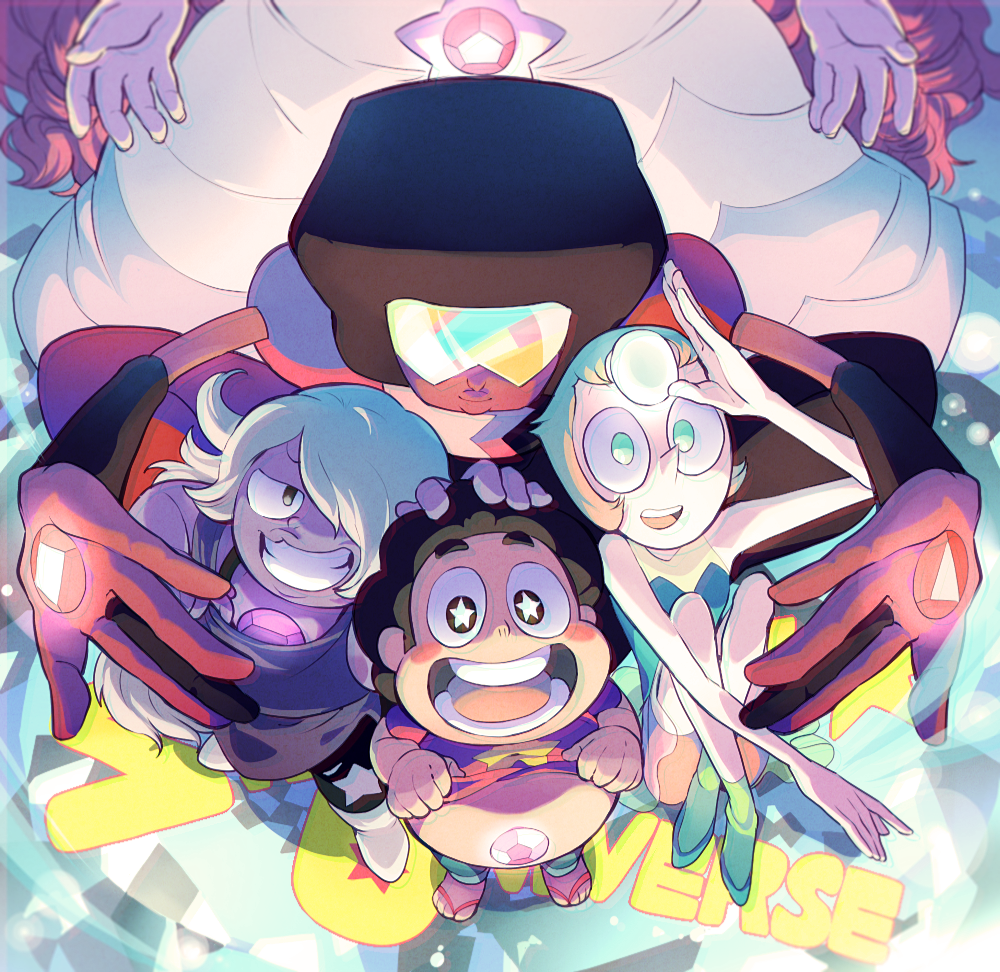 1boy 4girls amethyst_(steven_universe) black_hair blue_eyes brown_eyes copyright_name garnet_(steven_universe) gem grin mother_and_son multiple_girls open_mouth orange_hair pearl_(steven_universe) pink_hair purple_eyes rose_quartz_universe salute shirt_lift sitting smile steven_quartz_universe steven_universe sunglasses t_k_g white_hair