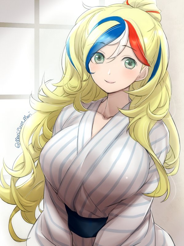 1girl blonde_hair blue_hair breasts commandant_teste_(kantai_collection) commentary_request cowboy_shot japanese_clothes kantai_collection kimono large_breasts long_hair looking_at_viewer multicolored_hair ponytail primary_stage red_hair smile solo streaked_hair striped striped_kimono twitter_username wavy_hair white_hair white_kimono window yukata