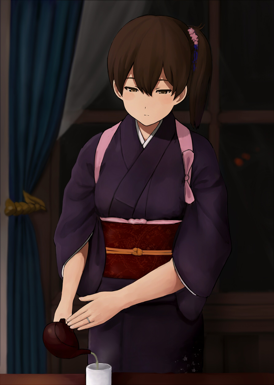 alternate_costume brown_eyes brown_hair commentary cup curtains drink flower fuyube_gin_(huyube) green_tea hair_flower hair_ornament highres indoors japanese_clothes jewelry kaga_(kantai_collection) kantai_collection kimono looking_down night obi official_style pouring ring sash shibafu_(glock23)_(style) side_handle_teapot side_ponytail solo table tasuki tea teapot wedding_band window yukata yunomi
