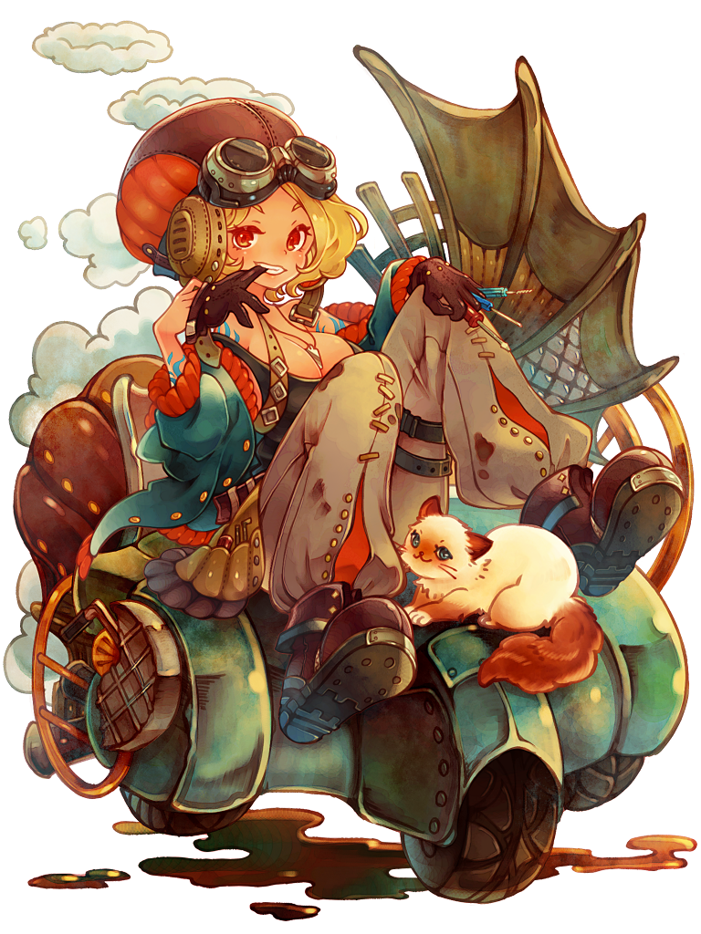 1girl arm_tattoo belinda_redman blonde_hair blue_jacket boots breasts brown_gloves brown_headwear cat cleavage clenched_teeth dairoku_ryouhei dirty dirty_clothes full_body gloves goggles goggles_on_headwear headphones jacket jewelry knees_up large_breasts motor_vehicle necklace red_eyes removing_glove short_hair sitting smoke solo tattoo teeth virginia_complex