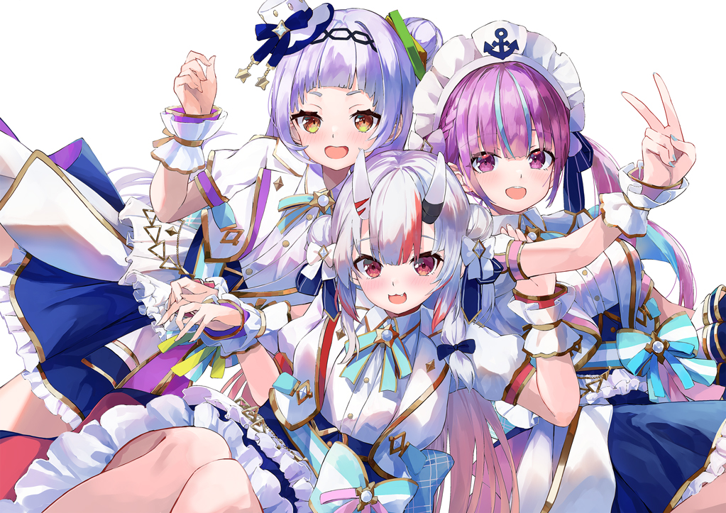 3girls :d anchor arm_up black_hairband blue_bow blue_hair blue_nails blue_skirt bow breasts commentary_request frilled_skirt frills grey_hair hair_bun hairband hat hololive horns jacket konkito medium_breasts minato_aqua mini_hat multicolored_hair multiple_girls murasaki_shion nail_polish nakiri_ayame oni oni_horns open_clothes open_jacket orange_eyes puffy_short_sleeves puffy_sleeves purple_eyes purple_hair red_eyes red_hair shirt short_sleeves simple_background single_side_bun skirt smile streaked_hair tilted_headwear v virtual_youtuber white_background white_headwear white_jacket white_shirt wrist_cuffs