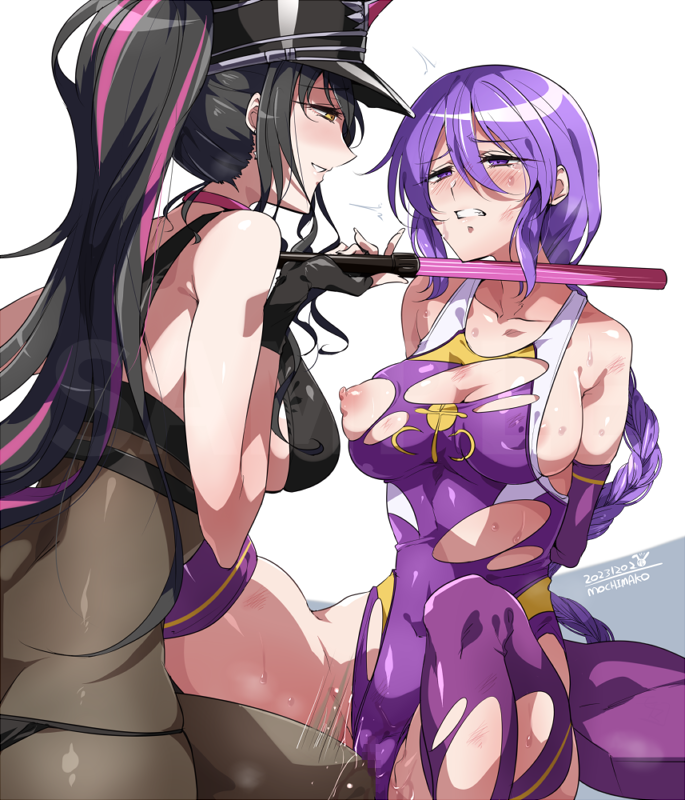 2girls arai_nobu arms_behind_back artist_name baton_(weapon) black_hair blush braid braided_ponytail breasts clenched_teeth collarbone dated eye_contact fate/grand_order fate_(series) femdom grinding hat large_breasts long_hair looking_at_another military_hat multiple_girls nipples original purple_eyes purple_hair pussy_juice sessyoin_kiara sessyoin_kiara_(swimsuit_mooncancer) sessyoin_kiara_(swimsuit_mooncancer)_(second_ascension) simple_background smile sweat tears teeth thong torn_clothes weapon white_background yellow_eyes