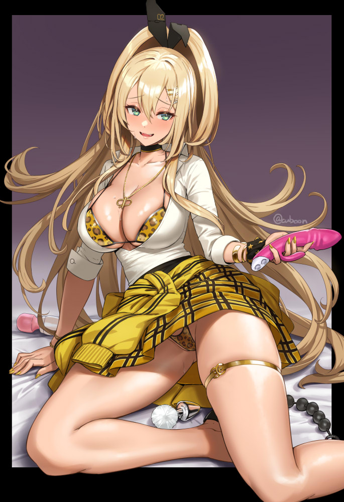 1girl anal_beads anal_tail animal_ears animal_print arm_support black_choker blonde_hair blush bra bra_peek breasts butt_plug center_opening choker cleavage clothes_around_waist commentary_request cuboon dildo double-parted_bangs fake_animal_ears fake_tail goddess_of_victory:_nikke green_eyes gyaru hair_between_eyes hitachi_magic_wand holding holding_sex_toy jacket jacket_around_waist kogal large_breasts leopard_print long_hair long_sleeves looking_at_viewer nail_polish nervous_smile on_bed open_mouth panties ponytail rabbit_ears rupee_(nikke) sex_toy shirt sitting skirt smile solo sweat tail thigh_strap underwear vibrator white_shirt yellow_bra yellow_nails yellow_panties yellow_skirt yokozuwari