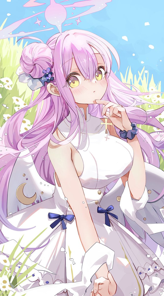 1girl angel_wings blue_archive blush breasts closed_mouth crescent crescent_pin dress feathered_wings flower hair_between_eyes hair_bun hair_flower hair_ornament halo highres large_breasts long_hair looking_at_viewer mika_(blue_archive) pink_hair pink_halo purple_flower purple_scrunchie scrunchie shadowsinking single_side_bun sleeveless sleeveless_dress solo white_dress white_wings wings wrist_scrunchie yellow_eyes