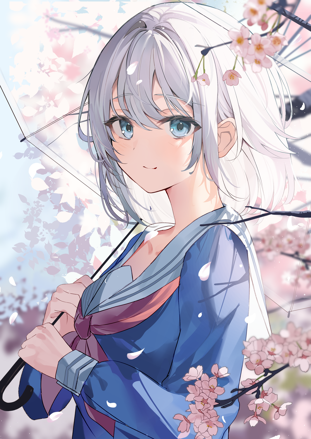 1girl aroa_(aroamoyasi) blue_eyes blue_shirt blush branch cherry_blossoms closed_mouth commentary_request day falling_petals highres holding holding_umbrella looking_at_viewer neckerchief original petals red_neckerchief sailor_collar school_uniform shadow shirt short_hair sky smile solo umbrella upper_body white_hair white_sailor_collar